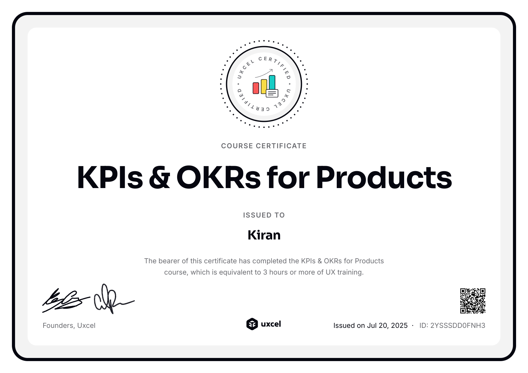 Kiran's certificate